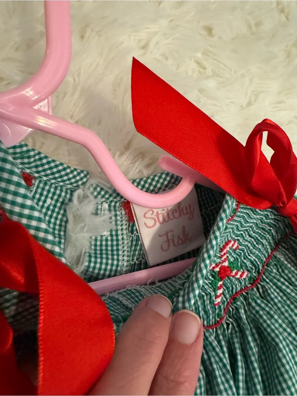 Green Gingham Smocked Baby One-Piece with Red Ribbon